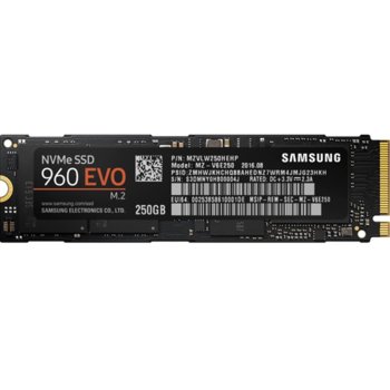 Памет SSD 250GB Samsung 960 EVO, PCIe 3.0, M.2, скорост на четене 3,200 MB/s, скорост на запис 1,500 MB/s | JAR Computers Samsung SSD 960 EVO 250GB M.2 MZ-V6E250BW