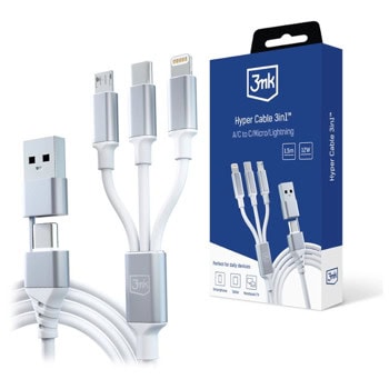Кабел 3MK Hyper Cable 3in1, от USB-C/A(м) към USB-C(м)/USB Micro B(м)/Lightning(м), 1.5m, 12W, бял | JAR Computers 3MK Hyper Cable 3in1 White
