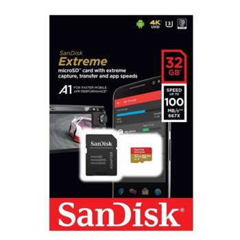 Карта памет 32GB microSDHC, SANDISK Extreme, с SD адаптер, Class U3, скорост на четене до 90MB/s, скорост на запис до 60MB/s | JAR Computers SANDISK Extreme microSDHC 32GB SDSQXAF-032G-GN6MA