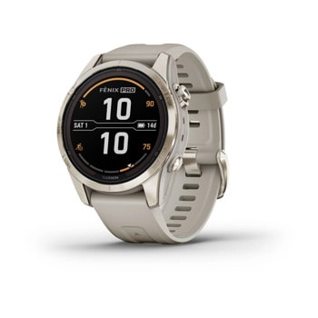 Смарт часовник Garmin fenix 7S Pro Sapphire Solar Edition, Soft Gold, 1.20"(30.40 мм) Power Sapphire дисплей, 32GB, водоустойчивост, до 14 дни време на работа, соларно зареждане, GPS, компас, Soft Gold с Light Sand каишка | JAR Computers Garmin fenix 7S Pro Sapphire Solar Soft Gold с Lig