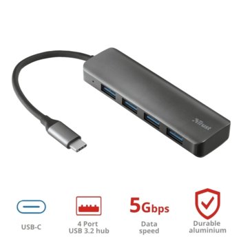 USB Хъб Trust Halyx, 4 порта, от USB Type-C към 4x USB 3.2 Type-A, 5000 Mbit/s, сив image