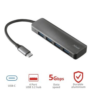 USB Хъб Trust Halyx, 4 порта, от USB Type-C към 4x USB 3.2 Type-A, 5000 Mbit/s, сив | JAR Computers Trust Halyx 23328