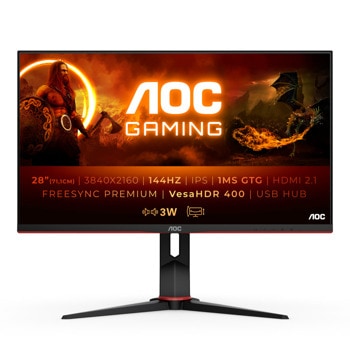 Монитор AOC U28G2XU2/BK 28" (71.12 cm) IPS панел, 144Hz, 4K UHD, 1ms, 80 000 000:1, 370 cd/m2, DisplayPort, HDMI, USB | JAR Computers AOC U28G2XU2/BK