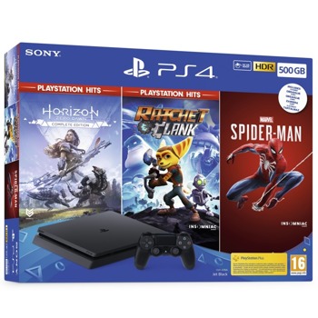 Конзола PlayStation 4 Slim в комплект с 3 игри (Marvel's Spider-Man + Horizon Zero Dawn + Ratchet & Clank), 500GB, черен | JAR Computers PlayStation 4 Slim 500GB + 3 Games Bundle