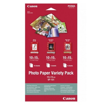 Комплект фотохартия Canon Photo Paper Variety Pack 10x15cm VP-101, 10 x 15 cm, Glossy/Semi-glossy/High gloss, 1x10 + 2x5 листа image
