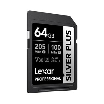 Карта памет 64GB SDXC, Lexar Professional Silver Plus, UHS-I U3 V30, скорост на четене до 205MB/s, скорост на запис до 100MB/s | JAR Computers Lexar 64GB Professional Silver Plus