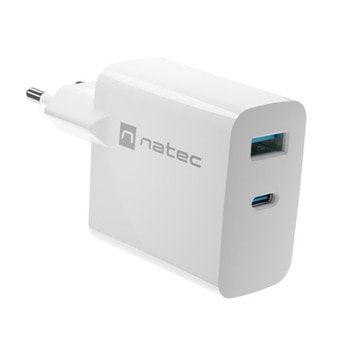 Зарядно устройство Natec Ribera GaN (NUC-2142), от контакт към 1x USB-A(ж), 1x USB-C(ж), 5V/3A, бяло, PD 3.0, 45W | JAR Computers Зарядно устройство Natec Ribera GaN NUC-2142