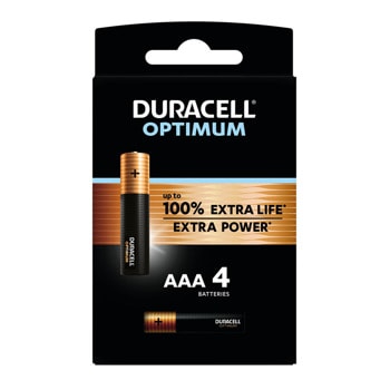 Батерии алкални Duracell Optimum, AAA, LR03, 1.5V, 4бр. | JAR Computers Батерии алкални Duracell Optimum AAA LR03 1.5V 4бр
