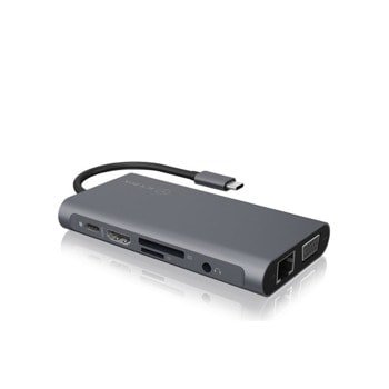 Докинг станция Raidsonic IB-DK4040-CPD, от USB C към 1x USB C(PD), 3x USB A, 1x HDMI, 1x VGA, 1x RJ45, 1x SD/Micro SD четец на карти, 1x AUX, черен | JAR Computers Raidsonic IB-DK4040-CPD