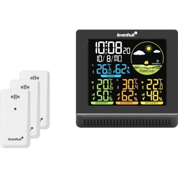 Електронна метеостанция Levenhuk Wezzer Plus LP40, включени 3бр. външни датчика, цветен екран, часовник, будилник, календар, термометър, влагомер, черна image