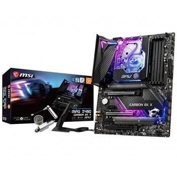 Дънна платка MSI MPG Z490 CARBON EK X, Z490, LGA1200, DDR4, PCI-E 3.0 (DP/HDMI)(CF&SLI), 6x SATA 6Gb/s, 2x M.2, 1x USB Type-C/4x USB 3.2 Gen 2, Wi-Fi, Bluetooth, воден моно блок, ATX | JAR Computers MSI MPG-Z490-CARBON-EK-X
