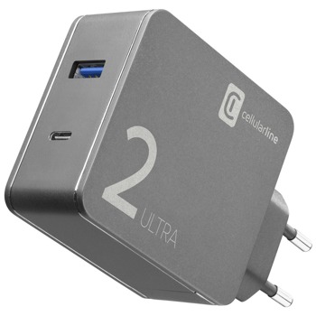 Зарядно за телефон Cellularline UltraDuo, от контакт към 1x USB C(ж), 1x USB A(ж), черно | JAR Computers Cellularline UltraDuo IT8548