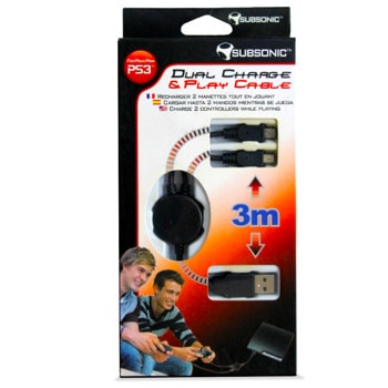 Кабел Subsonic Dual Charge & Play Cable SA1341, за зареждане на контролери за PS3, от USB-A(м) към 2x mini-USB(м), 3m | JAR Computers Subsonic 2в1 кабел за PS3 SA1341