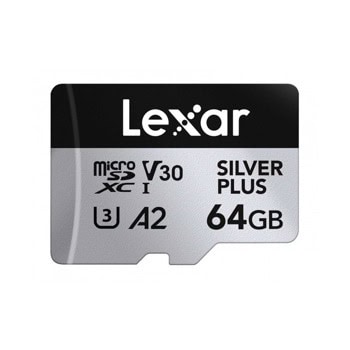 Карта памет 64GB microSDXC, Lexar Professional Silver Plus, UHS-I U3 V30, скорост на четене до 205MB/s, скорост на запис до 100MB/s | JAR Computers Lexar LMSSIPL064G-BNANG