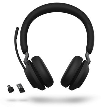Слушалки Jabra Evolve2 65 MS Stereo със стойка, безжични, микрофон, за работа с Microsoft Teams, шумоизолиращ дизайн, светлинна индикация за заетост, Bluetooth, USB Type-A, черни | JAR Computers Jabra Evolve2 65 MS Stereo USBAStand 26599-999-989