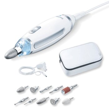 Комплект за маникюр / педикюр Beurer MP 62, LED светлина, 10 приставки, въртене в две посоки, регулируема скорост, калъфче, бял/сив | JAR Computers Beurer MP 62 Manicure / pedicure set