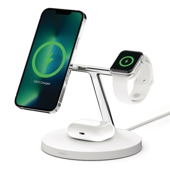 Безжично зарядно устройство Belkin BoostCharge Pro 3-in-1, безжично зареждане, MagSafe технология, поставка за зареждане на смарт часовник Apple Watch, поставка за зареждане на слушалки Apple AirPods, 15W, бялo | JAR Computers Belkin BoostCharge Pro 3-in-1 Wireless Charger 15W