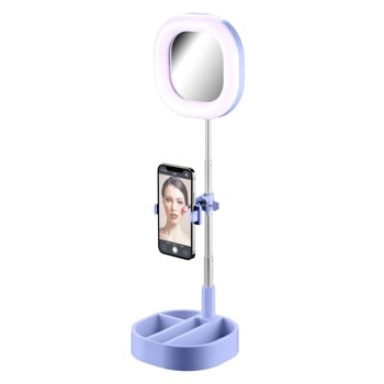 Стойка за селфи Cellularline Selfie Ring Mirror, USB, 6-инчов LED пръстен, 3 режима на осветление, лилав | JAR Computers Cellularline Selfie Ring Mirror