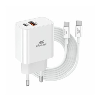 Зарядно устройство Rivacase PS4102 WD4, от контакт към 1x USB-C(ж), 1x USB-A(ж), 12V/1.67A, бяло, QC 3.0, кабел от USB-C(м) към USB-C(м) | JAR Computers Rivacase PS4102 WD4