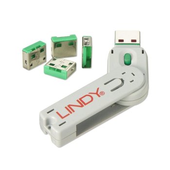 Система за заключване LINDY 40451, за USB Type A портове, 1x ключ, 4x блокера, зелени | JAR Computers LINDY USB Port Blocker Green 40451