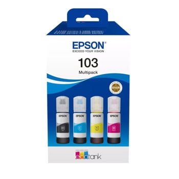 Мастило Epson 103 EcoTank, за Epson L1210, L3210, L3211, L3250, L3251, L3256, L3260, L3266, L5290, L5296, Multipack(Black, Cyan, Magenta, Yellow), до 4500 черни копия, до 7500 цветни копия, 65 ml. | JAR Computers Epson 103 EcoTank 4-colour Multipack