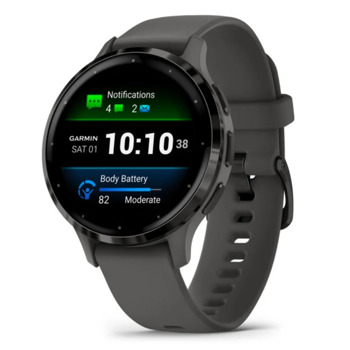 Смарт часовник Garmin Venu 3S, 1.2" (3.04cm) AMOLED дисплей, до 10 дни време на работа, 5ATM, Bluetooth, ANT+, Wi-Fi, GPS, пулсомер, следене на съня, черен безел с тъмносив корпус | JAR Computers Garmin Venu 3S Slate w Pebble Grey 010-02785-00