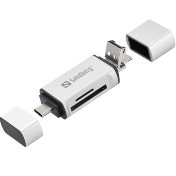 Четец за карти Sandberg 136-28, USB A/USB C/USB Micro A, SDXC/SDHC/SD, microSDXC/SDHC/SD, сив | JAR Computers Четец за карти Sandberg USB C USB A
