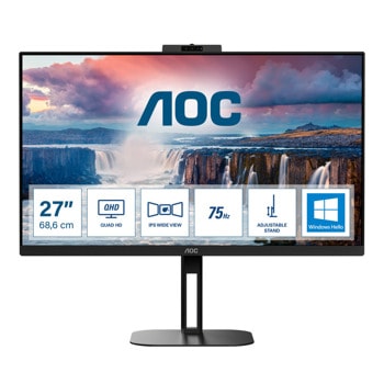 Монитор AOC Q27V5CW/BK, 27" (68.58 cm) IPS панел, 75Hz, QHD, 4ms, 20 000 000:1, 300 cd/m2, DisplayPort, HDMI, USB Hub | JAR Computers AOC Q27V5CW/BK