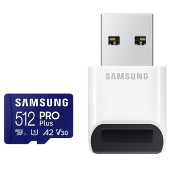 Карта памет 512GB microSDXC с четец, Samsung Pro Plus (MB-MD512SB/WW), Class 10 U3, скорост на четене до 180MB/s, скорост на запис до 130MB/s | JAR Computers MicroSD 512GB Samsung MB-MD512SB/WW