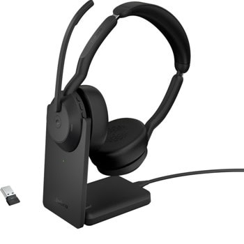 Слушалки Jabra Evolve2 55 (25599-999-989), безжични, безжични, Link380a USB-A Bluetooth адаптер, микрофон, 28mm драйвери, ANC, до 16 часа време на работа, Jabra SafeTone, сертифицирани за Microsoft Teams, зарядна стойка, черни | JAR Computers Jabra Evolve2 55 Bluetooth Link380a MS Stand
