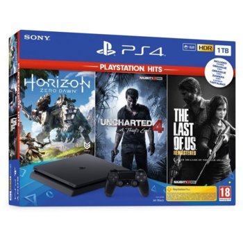 Конзола PlayStation 4 Slim в комплект с 3 игри (Horizon Zero Dawn + Uncharted 4: A Thief's End + The Last Of Us), 1TB, черна | JAR Computers Sony PS4 Slim 1TB + 3 games (HZD/UNCH4:ATE/TLOU)