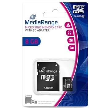 Карта памет 8GB microSDXC, с SD адаптер, MediaRange MR957, Class 10, скорост на четене 15MB/s, скорост на запис 10MB/s | JAR Computers MediaRange MR957
