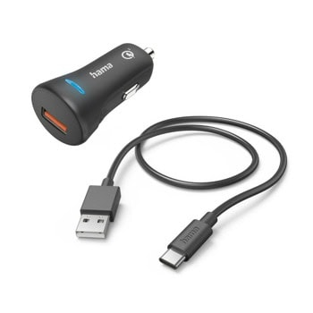 Зарядно устройство Hama 201615, за кола, от автомобилна запалка към USB-A(ж), 19.5W, черно, QC 3.0, кабел от USB-A(м) към USB-C(м) | JAR Computers Зарядно устройство Hama 201615