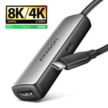 Преходник AXAGON RVC-HI8KPD, от USB-C(м) към HDMI(ж)/USB-C(ж), черен, 8K@60Hz | JAR Computers AXAGON RVC-HI8KPD