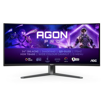 Монитор AOC AG346UCD, 34" (86.36 cm) QD-OLED панел, 175Hz, WQHD, 0.03ms, 1 500 000:1, 250 cd/m2, DisplayPort, HDMI, USB | JAR Computers AOC AG346UCD