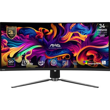 Монитор MSI MAG 341CQP QD-OLED (9S6-3DD04T-001), 34" (86.36cm) QD-OLED панел, 175Hz, UWQHD, 0.03ms, 1 500 000:1, 1000cd/m2 (HDR), DisplayPort, HDMI, USB-C, USB Hub | JAR Computers MSI MAG 341CQP QD-OLED 9S6-3DD04T-001