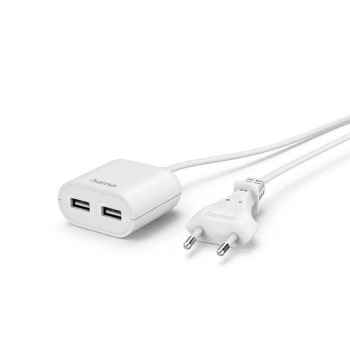 Зарядно устройство HAMA 223203, от контакт към 2x USB-A(ж), 5V, 2.4А, бял | JAR Computers USB зарядно устройство HAMA-223203
