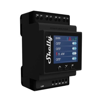 Wi-Fi реле Shelly Pro 4PM, 4x 16A, 4 канала, измерване на мощността, защита от претоварване, Wi-Fi, Bluetooth | JAR Computers Четворно Wi-Fi реле Shelly Pro 4PM