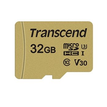Карта памет 32GB microSDHC, с SD адаптер, Transcend 500S, Class 10 UHS-I U3, скорост на четене 95MB/s, скорост на запис 60MB/s | JAR Computers 32GB microSD Transcend TS32GUSD500S