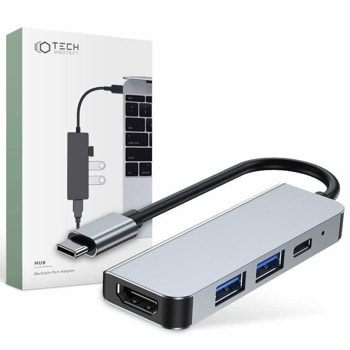 USB Хъб Tech-Protect USB-C Hub 4in1 v2, 4 порта, 1x USB C, 2x USB 3.0, 1x HDMI, сив image