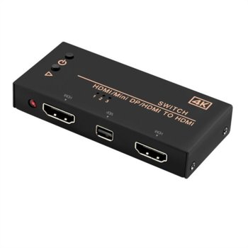Видео превключвател Roline 14.99.3540, HDMI/Mini DP(ж) към HDMI(ж), 2160@60Hz, 3 порта, черен | JAR Computers Roline 14.99.3540 HDMI/Mini DP(ж) към HDMI(ж)