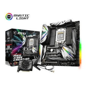 Дънна платка MSI MEG X399 CREATION, X399, TR4, DDR4, PCI-E, (CF&SLi), 8x SATA 6Gb/s, 3x M.2 socket, 1x USB 3.1 Gen2 Type C, Wi-Fi, Bluetooth, RGB подсветка, E-ATX | JAR Computers MSI MEG X399 CREATION