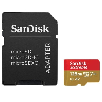 Карта памет 128GB microSDXC с адаптер, Sandisk Extreme, Class 10 UHS-1 U3, скорост на четене 190MB/s, скорост на запис 90MB/s | JAR Computers SanDisk Extreme microSDXC 128GB SDSQXAA-128G-GN6MA