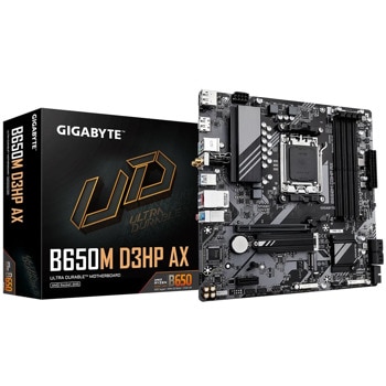 Дънна платка Gigabyte B650M D3HP AX (rev 1.0), B650M, AM5, DDR5, PCI-E 4.0 (DP&HDMI), 2x M2, 4x SATA 6Gb/s, 1x USB 3.2 Gen 1 Type-C, 3x USB 3.2 Gen 1 Type-A, 2.5GbE LAN, Wi-Fi 6E, Bluetooth, Micro ATX | JAR Computers Gigabyte B650M D3HP AX (rev. 1.0)