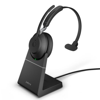 Слушалки Jabra Evolve2 65 UC Mono със стойка, безжични, микрофон, за работа с UC платформи, шумоизолиращ дизайн, светлинна индикация за заетост, Bluetooth, USB Type-C, черни | JAR Computers Jabra Evolve2 65 UC Mono USB-C Stand 26599-889-889