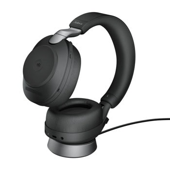 Слушалки Jabra Evolve2 85 (28599-999-989), безжични/жични, Bluetooth, Jack 3.5mm, Link380a USB, 6 цифрови MEMS микрофона, 40mm драйвери, ANC, до 37 часа време на работа, сертифицирани за Microsoft Teams, зарядна стойка, черни | JAR Computers Jabra Evolve2 85 MS Link380a USB-A Stand