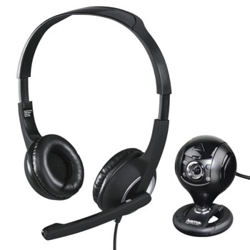 Комплект уеб камера със слушалки Hama PC Office Streaming Set HS-P150 + C-200 (139998), микрофон, 1280x720/30fps, подплатени наушници, LED осветление, затворен обектив, AUX, USB, черни | JAR Computers Hama PC Office Streaming Set HS-P150 + C-200