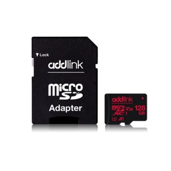 Карта памет 128GB microSDXC с адаптер, Addlink Professional, Class 10 UHS-I, скорост на четене 100 MB/s, скорост на запис от 45 MB/s | JAR Computers Addlink 128GB microSDXC UHS-1 V30 U3 + Adapter