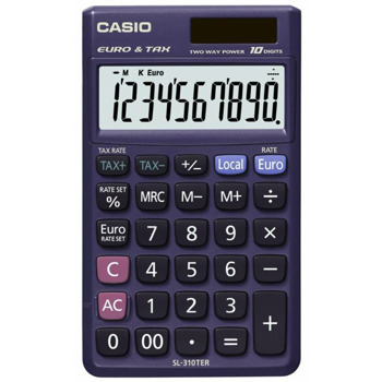 Калкулатор Casio SL-310TER, 10-цифрен LCD дисплей, настолен, про-процент, конвертиране на валута (1 курс), изчисляване на данъци, 3-цифрени маркери със запетая, ключ за двойна нула, син | JAR Computers Casio SL-310TER