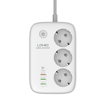 Смарт разклонител LDNIO SEW3452, 3 гнезда, 2500W, Wi-Fi, 3x USB-A, 1x USB-C, бял | JAR Computers Смарт разклонител LDNIO SEW3452